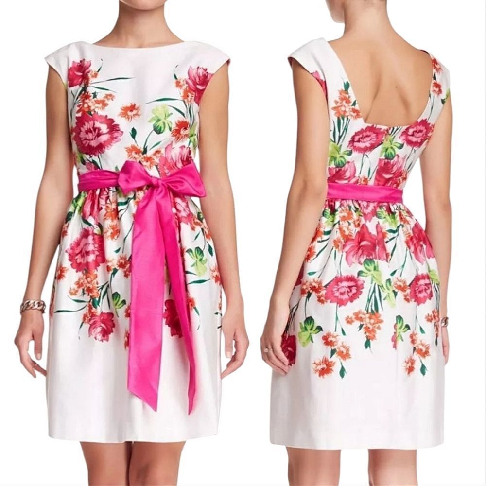 Eliza J Floral Spring Pink & White Bow Belt Scoop-Neck Dress